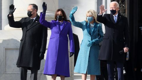 Biden, Harris and their spouses wave outside the Capitol.