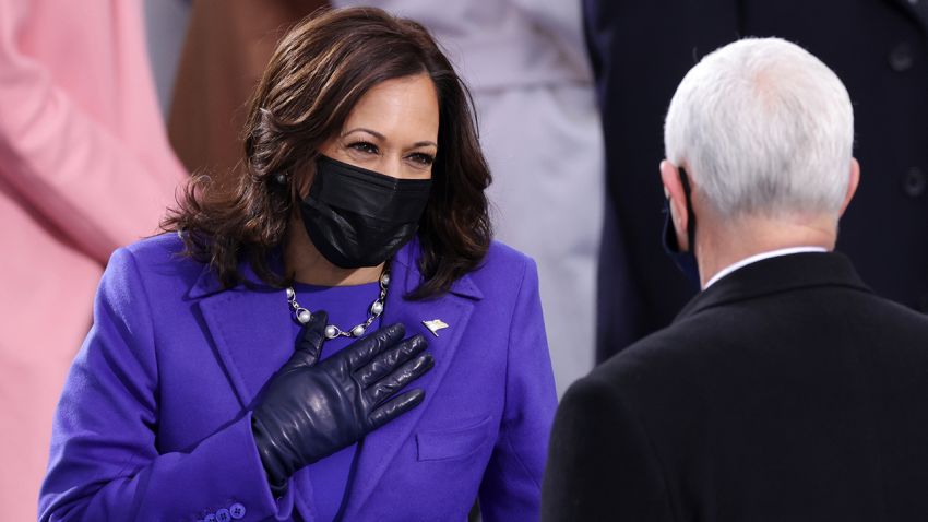 WASHINGTON, DC - JANUARY 20: U.S. Vice President-elect Kamala Harris greets Vice President Mike Pence as she arrives to the inauguration of U.S. President-elect Joe Biden on the West Front of the U.S. Capitol on January 20, 2021 in Washington, DC.  During today's inauguration ceremony Joe Biden becomes the 46th president of the United States. (Photo by Alex Wong/Getty Images)