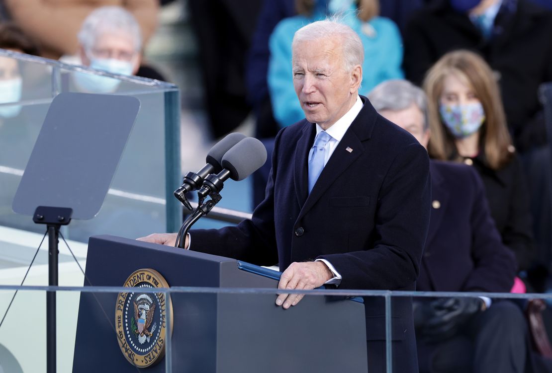 President Joe Biden delivers his inaugural address.