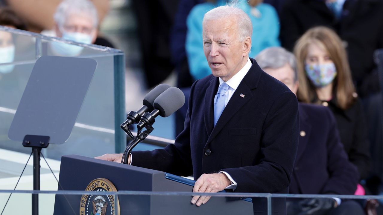 President Joe Biden delivers his inaugural address.