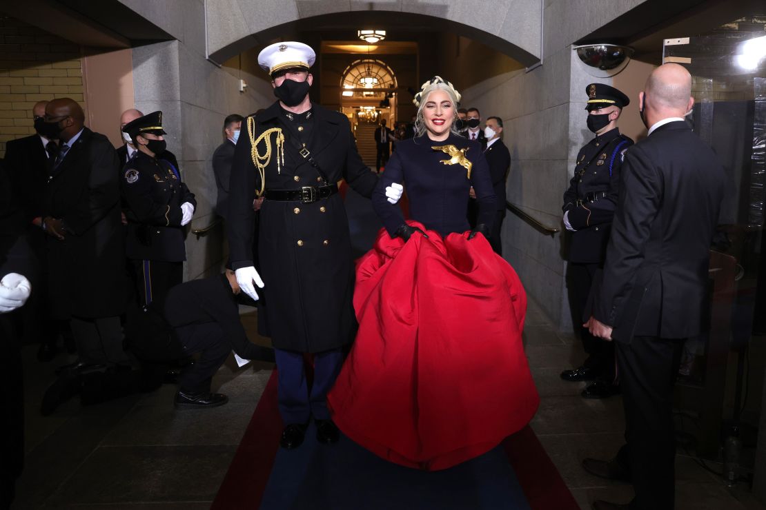 Lady Gaga arrives to sing the national anthem at the inauguration of President-elect Joe Biden at the US Capitol on January 20 in Washington, DC.  