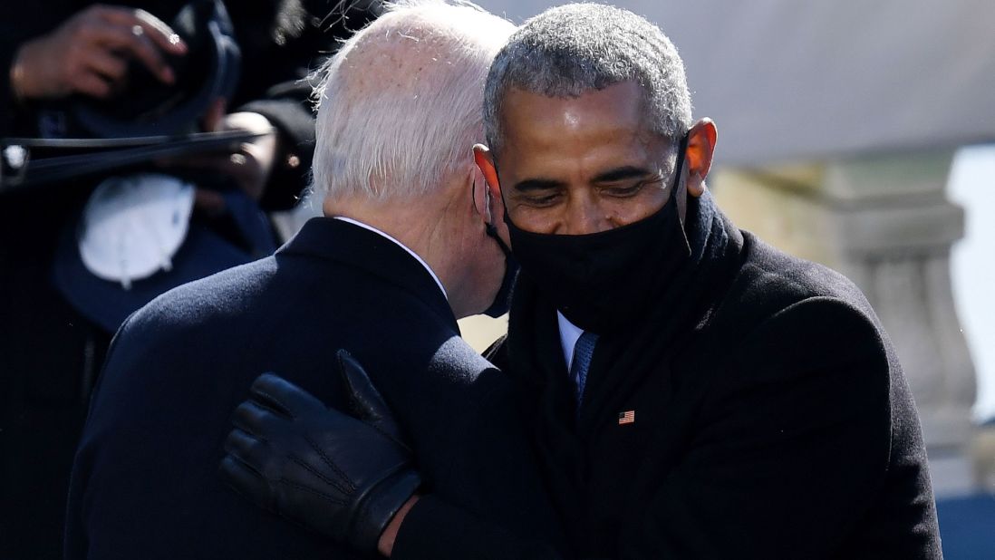 Former President Barack Obama congratulates Biden after the swearing-in. Biden was Obama's vice president for eight years.