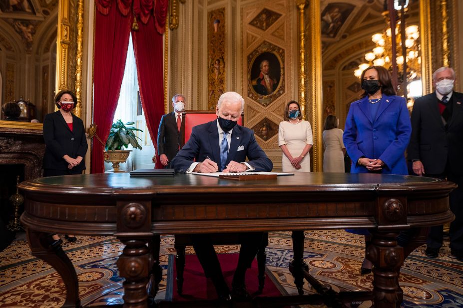 Biden <a href="https://www.cnn.com/politics/live-news/biden-harris-inauguration-day-2021/h_488c3da95151027f486b70a32bc42e0d" target="_blank">signs three documents</a> after his swearing-in ceremony: his inauguration day proclamation, his nominations for the Cabinet and his nominations for sub-Cabinet positions.