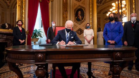 Biden <a href="https://www.cnn.com/politics/live-news/biden-harris-inauguration-day-2021/h_488c3da95151027f486b70a32bc42e0d" target="_blank">signs three documents</a> after his swearing-in ceremony: his inauguration day proclamation, his nominations for the Cabinet and his nominations for sub-Cabinet positions.