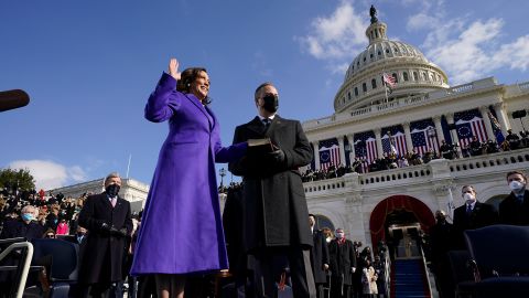 <a href="http://www.cnn.com/2021/01/19/politics/gallery/joe-biden-inauguration-photos/index.html" target="_blank">Harris is sworn in as vice president </a>as her husband holds the Bible in January 2021. Harris was sworn in by Supreme Court Justice Sonia Sotomayor. She wore the color purple <a href="https://www.cnn.com/politics/live-news/biden-harris-inauguration-day-2021/h_ce6f777c3f47c0f7d262b4ae26c0d62f" target="_blank">as a nod to Shirley Chisholm,</a> the first African-American woman to run for president.