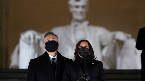 Vice President Kamala Harris and husband Doug Emhoff attend a televised ceremony at the Lincoln Memorial on January 20, 2021 in Washington.
