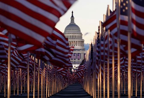 American flags are seen on the National Mall. The Presidential Inaugural Committee <a href="https://www.cnn.com/2021/01/19/politics/field-of-flags-biden-inauguration-trnd/index.html" target="_blank">planted more than 191,500 flags on the Mall</a> to represent the people who couldn't attend the inauguration.