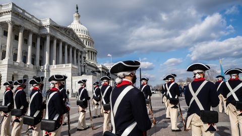 Historical military attire is worn for the "pass in review," a tradition where the incoming president reviews a procession of military troops.