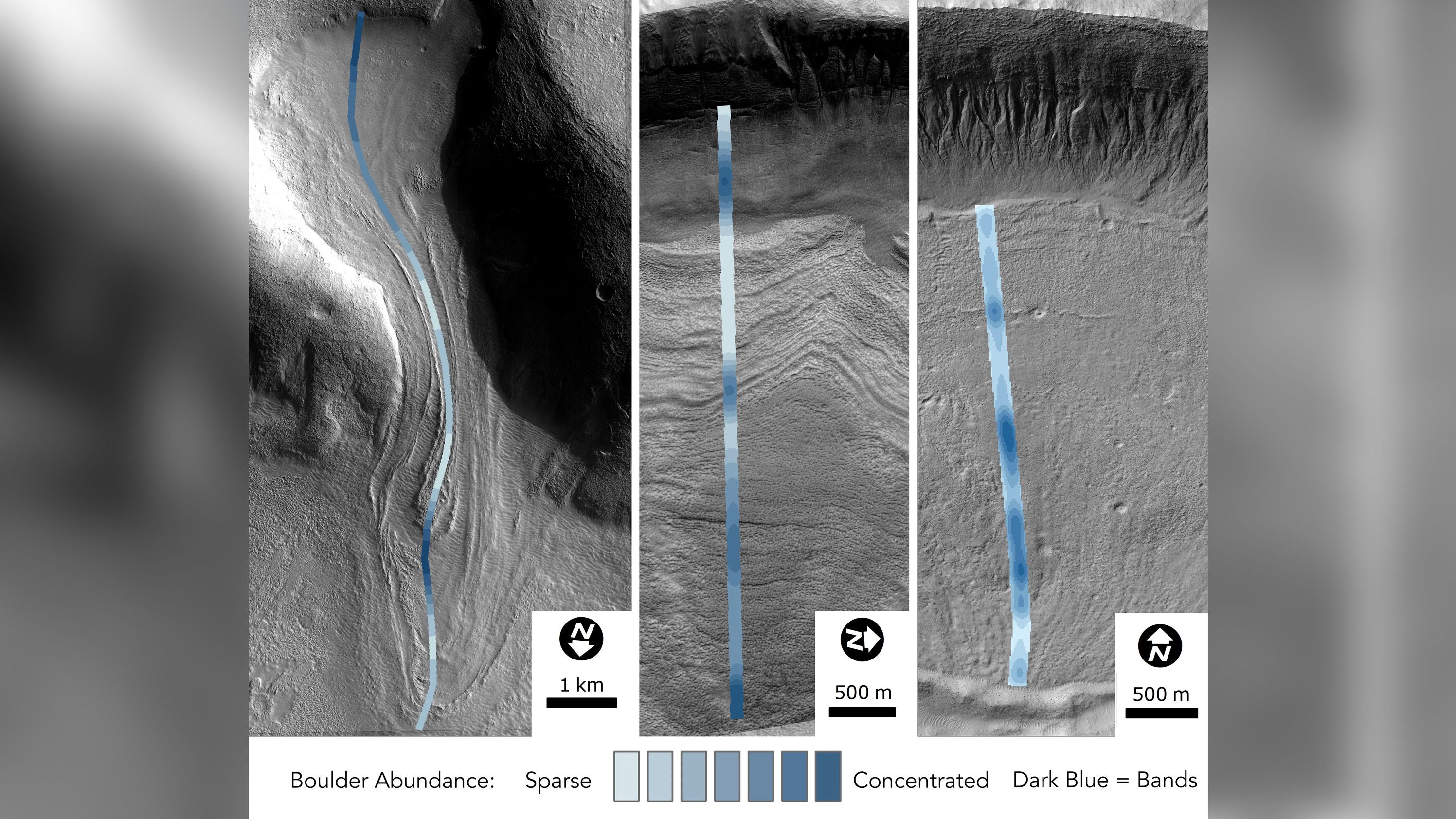 This image shows the abundance of boulders that can be found in glaciers on Mars.