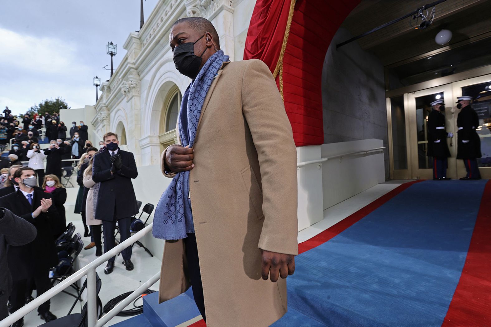 Capitol Police officer Eugene Goodman attends the inauguration. <a href="index.php?page=&url=https%3A%2F%2Fwww.cnn.com%2Fpolitics%2Flive-news%2Fbiden-harris-inauguration-day-2021%2Fh_dca0aeba500491329b214e569faf7d68" target="_blank">Goodman has been hailed as a hero</a> after video emerged of him guiding the violent mob away from the Senate chamber earlier this month. He escorted Harris to the inauguration ceremony.