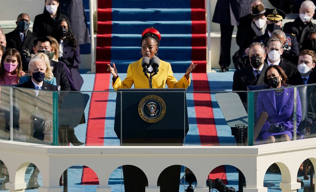 Amanda Gorman, the nation's first-ever youth poet laureate, <a href="https://www.cnn.com/politics/live-news/biden-harris-inauguration-day-2021/h_5818ddd1619fe02d7f3b2b30bdfaf331" target="_blank">delivered a message of resilience</a> at the inauguration. "We will not march back to what was, but move to what shall be: a country that is bruised but whole, benevolent but bold, fierce and free," she said. "We will not be turned around or interrupted by intimidation because we know our inaction and inertia will become the future."