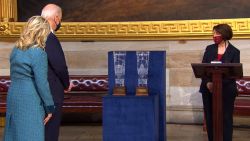 President Joe Biden, First Lady Jill Biden, Vice President Kamala Harris and Second Gentleman Doug Emhoff receive gifts following inauguration on Wednesday, January 20, 2021.