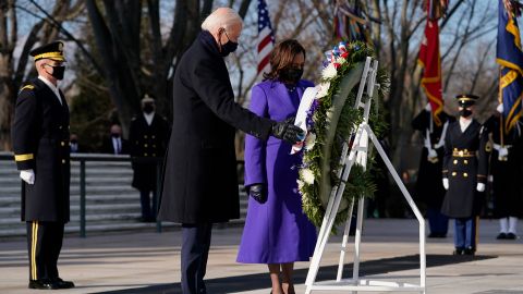 Biden and Harris participate in a wreath-laying ceremony at the Tomb of the Unknown Soldier in Arlington, Virginia