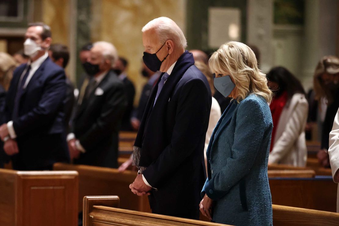 The Bidens attend services at the Cathedral of St. Matthew the Apostle with Congressional leaders prior the 59th Presidential Inauguration ceremony on January 20, 2021 in Washington, DC.