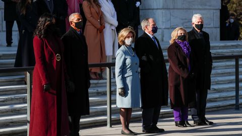 Three former US presidents and first ladies wait for President Biden during the wreath-laying ceremony at the Tomb of the Unknown Soldier. From left are Michelle Obama, Barack Obama, Laura Bush, George W. Bush, Hillary Clinton and Bill Clinton.