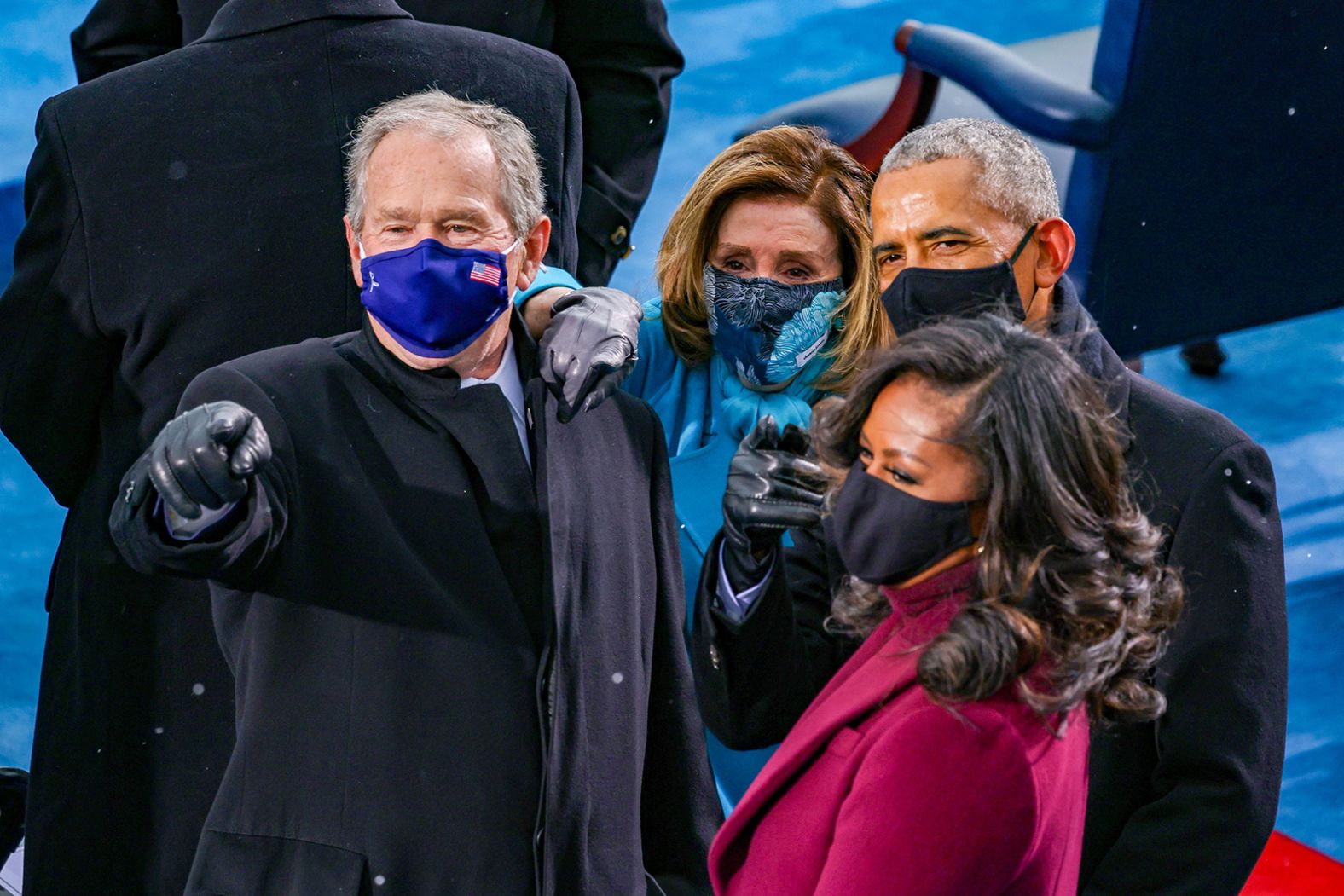 Former President George W. Bush, left, is joined at the inauguration by House Speaker Nancy Pelosi, former President Barack Obama and former first lady Michelle Obama.