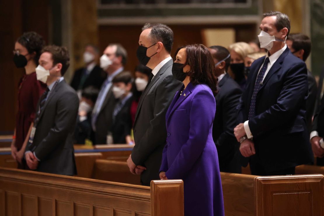 Vice President-elect Kamala Harris and her husband Doug Emhoff attend services at the Cathedral of St. Matthew the Apostle with Congressional leaders prior to the inauguration ceremony.