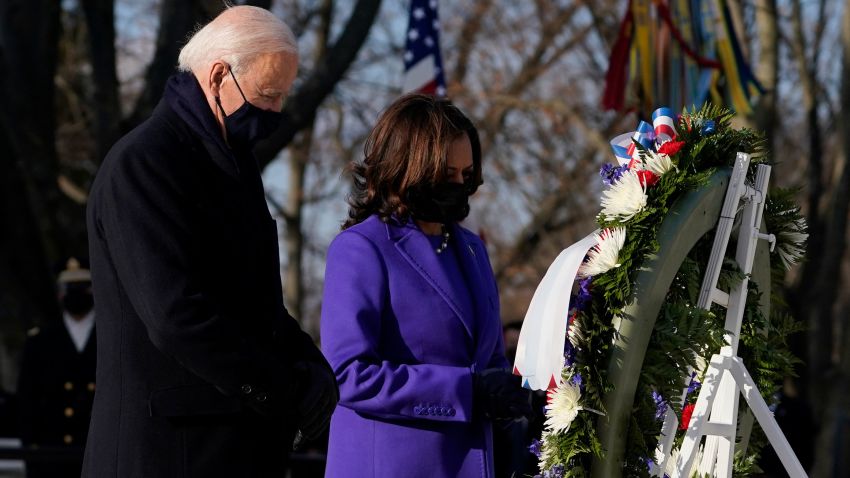 President Joe Biden and Vice President Kamala Harris participate in a wreath laying ceremony at the Tomb of the Unknown Soldier at Arlington National Cemetery in Arlington, Va. (AP Photo/Evan Vucci)