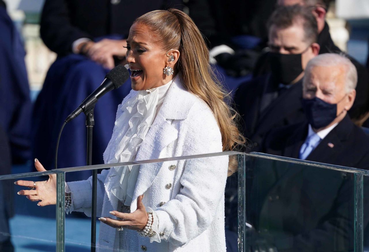 Jennifer Lopez performs during the inauguration in all-white.