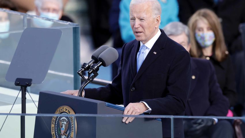 WASHINGTON, DC - JANUARY 20:  U.S. President Joe Biden delivers his inaugural address on the West Front of the U.S. Capitol on January 20, 2021 in Washington, DC.  During today's inauguration ceremony Joe Biden becomes the 46th president of the United States. (Photo by Alex Wong/Getty Images)