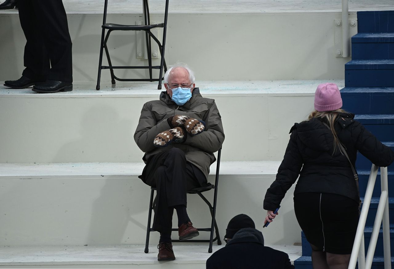 US Sen. Bernie Sanders sits in the US Capitol bleachers while waiting for Joe Biden to be sworn in as president on Wednesday, January 20. <a href="https://www.cnn.com/2021/01/21/us/inauguration-bernie-sanders-memes-jokes-twitter-trnd/index.html" target="_blank">The photo quickly became a meme.</a>