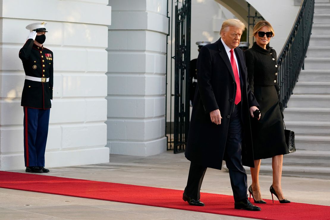 Donald and Melania Trump head to Marine One on the South Lawn of the White House on January 20.
