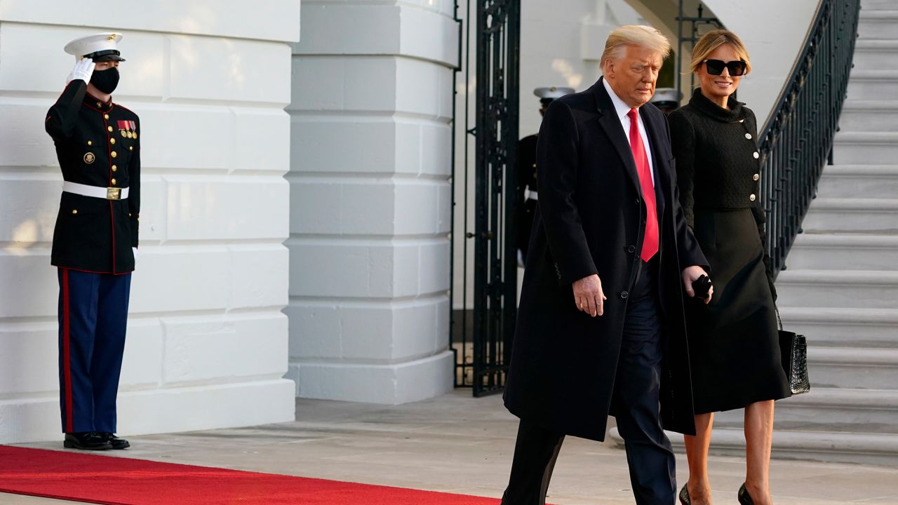 Donald and Melania Trump head to Marine One on the South Lawn of the White House on January 20.