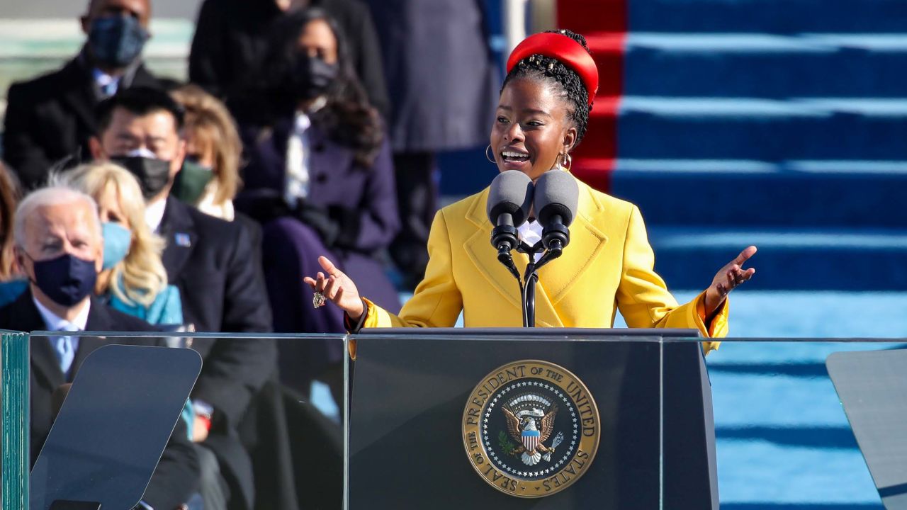 WASHINGTON, DC - JANUARY 20: Youth Poet Laureate Amanda Gorman speaks at the inauguration of U.S. President Joe Biden on the West Front of the U.S. Capitol on January 20, 2021 in Washington, DC.  During today's inauguration ceremony Joe Biden becomes the 46th president of the United States. (Photo by Rob Carr/Getty Images)