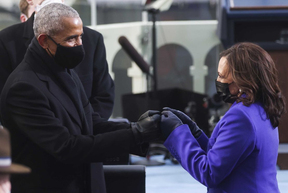 Former President Barack Obama greets Vice President-elect Kamala Harris ahead of President-elect Joe Biden's inauguration, Wednesday, Jan. 20, 2021, at the US Capitol in Washington.