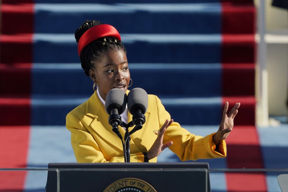 American poet Amanda Gorman reads a poem during the inauguration.