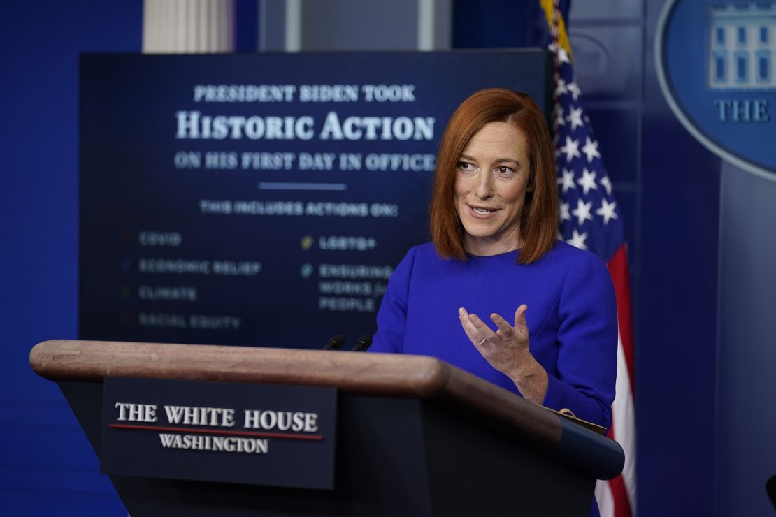 White House press secretary Jen Psaki speaks during her first press briefing at the White House.