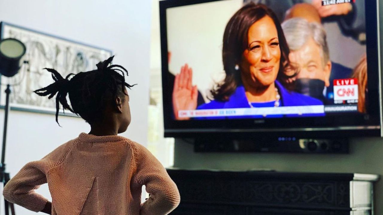 Adina Davidson's daughter, Aaliyah wathced closely as Harris was sworn in.