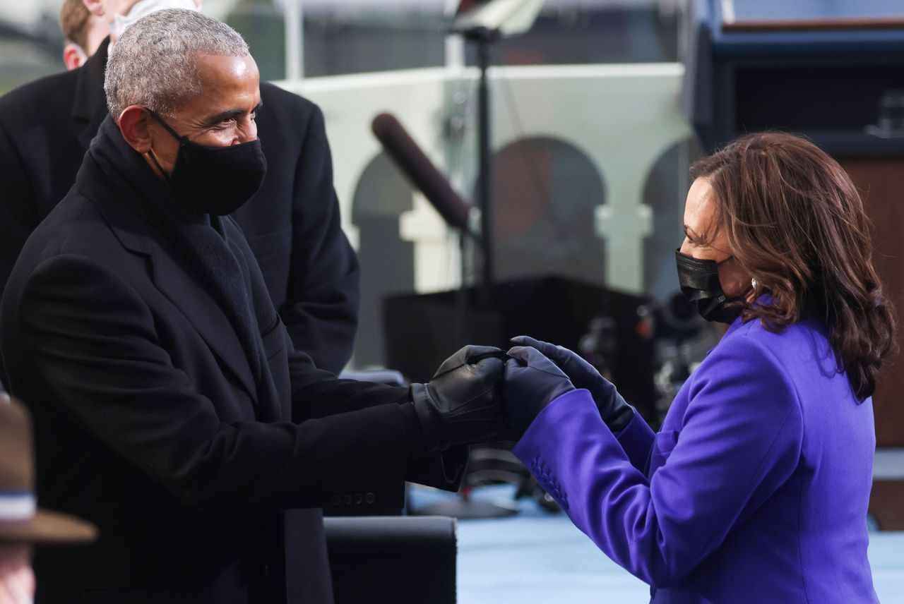 Kamala Harris greets former US President Barack Obama before she was sworn in as vice president on Wednesday, January 20. Harris is the country's first female, first Black and first South Asian vice president.