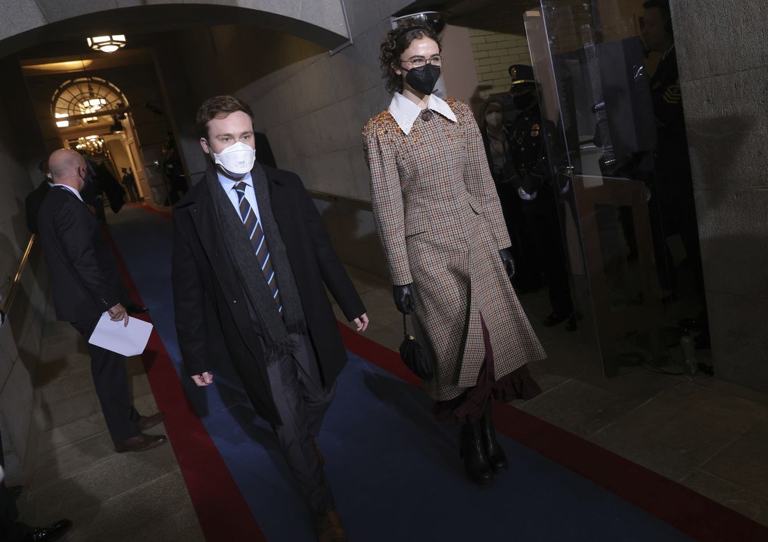 From left, Cole Emhoff and Ella Emhoff arrive for the US presidential inauguration on Wednesday, Jan. 20, 2021 in Washington.  