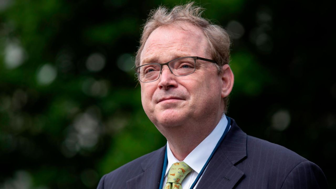 White House senior adviser Kevin Hassett speaks with reporters at the White House, Friday, June 19, 2020, in Washington. (AP Photo/Alex Brandon)