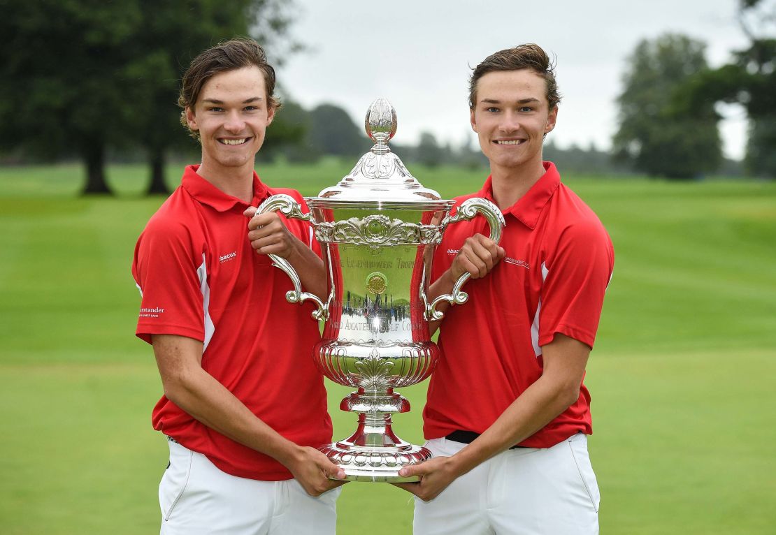 Danish players and twin brothers Nicolai, left, and Rasmus Hojgaard with the Eisenhower Trophy.