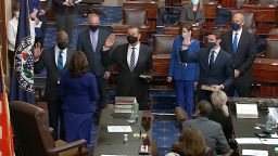 In this image from video, Vice President Kamala Harris swears in Sen. Raphael Warnock, D-Ga., Sen. Alex Padilla, D-Calif., and Sen. Jon Ossoff, D-Ga., on the floor of the Senate Wednesday, Jan. 6, 2021, on Capitol Hill in Washington. 