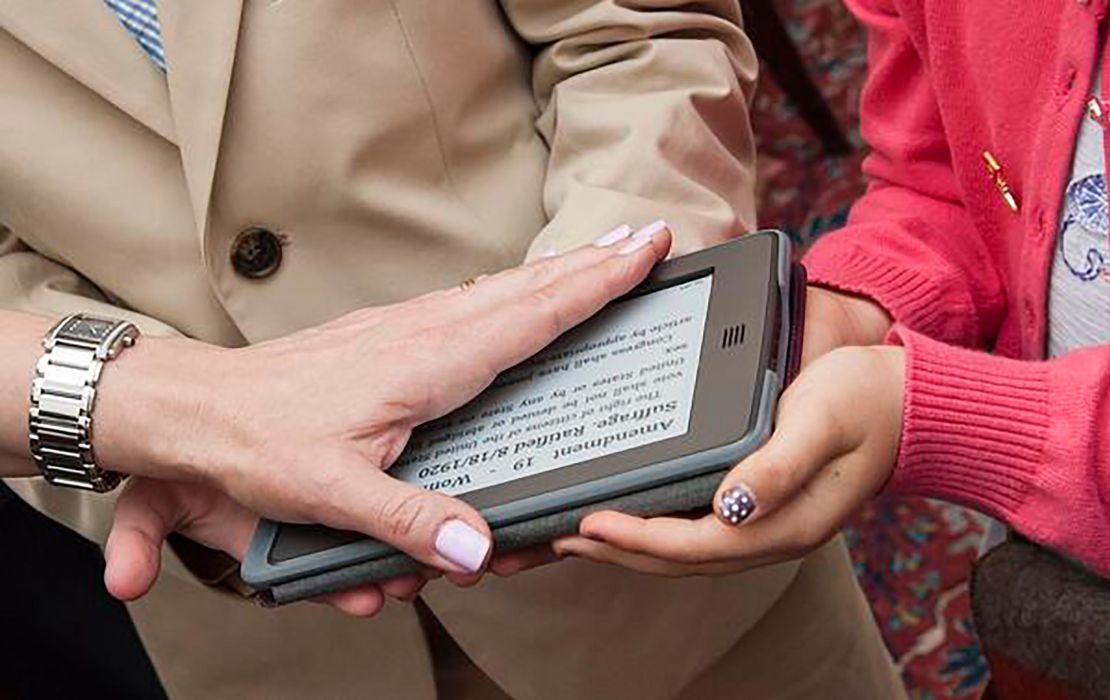 US Ambassador Suzi LeVine is sworn in over an electronic device in 2014.