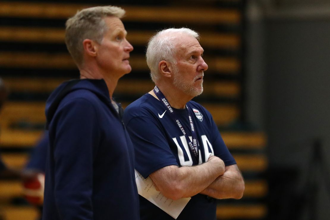 Popovich (right) and Kerr look on during a Team USA training session in August 2019.