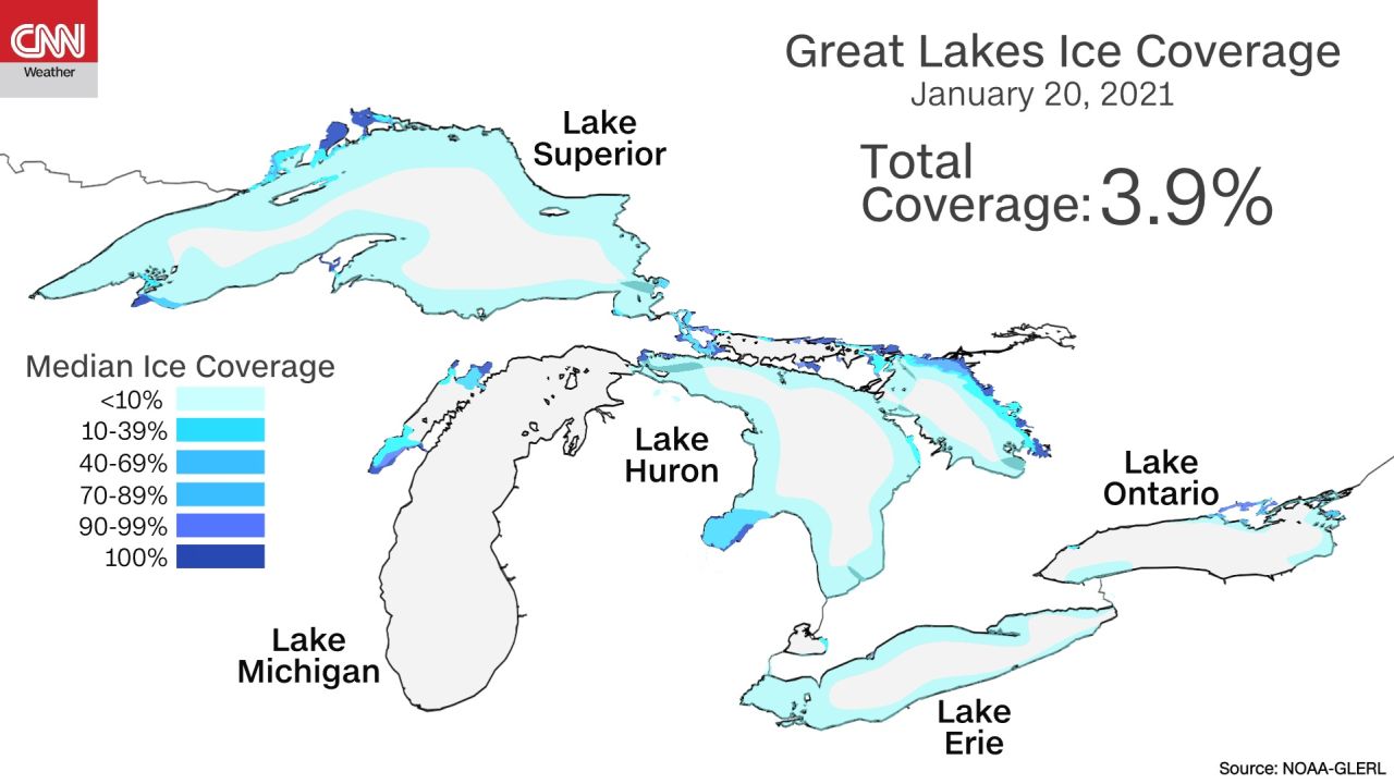 Great Lakes ice coverage weather 012121