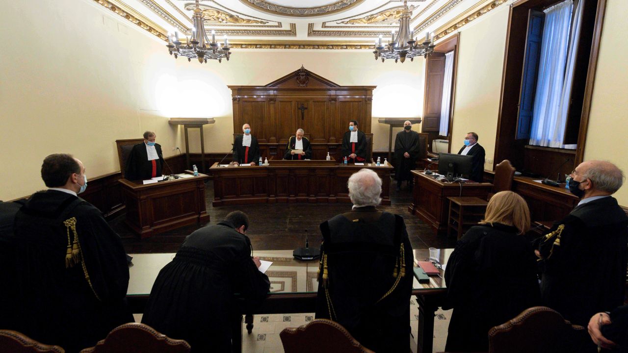 Magistrates during the trial of Angelo Caloia (not in picture) on January 21.