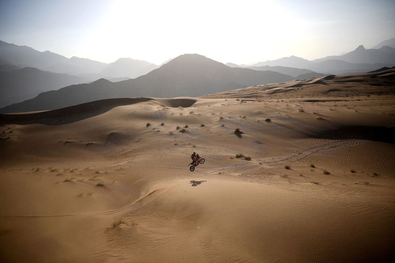 Sam Sunderland rides his motorbike during the 12th stage of the Dakar Rally, which took place Friday, January 15, between Yanbu and Jeddah in Saudi Arabia.