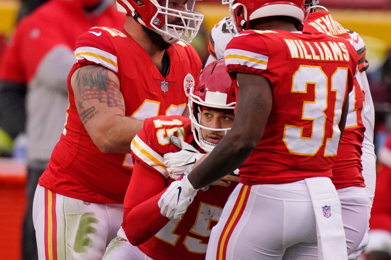 Kansas City quarterback Patrick Mahomes is helped off the field after he was injured during an NFL playoff game against Cleveland on Sunday, January 17. Mahomes, last year's Super Bowl MVP, <a href="https://bleacherreport.com/articles/2871879-chiefs-patrick-mahomes-goes-to-locker-room-after-apparent-head-injury-vs-browns" target="_blank" target="_blank">was knocked out of the game with a concussion,</a> but Kansas City was still able to win.