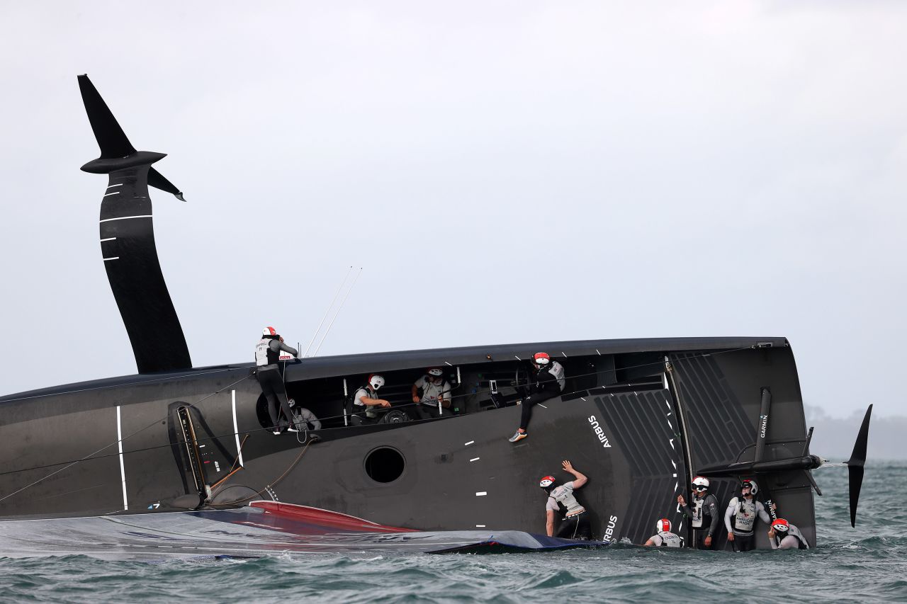 The crew of American Magic tries to stop the boat from sinking after it capsized during a Prada Cup race in New Zealand's Auckland Harbour on Sunday, January 17. A strong gust of wind <a href="https://www.sail-world.com/news/234548/NYYC-American-Magic-statement-on-capsize-incident" target="_blank" target="_blank">caused the boat to capsize.</a> No one was injured.