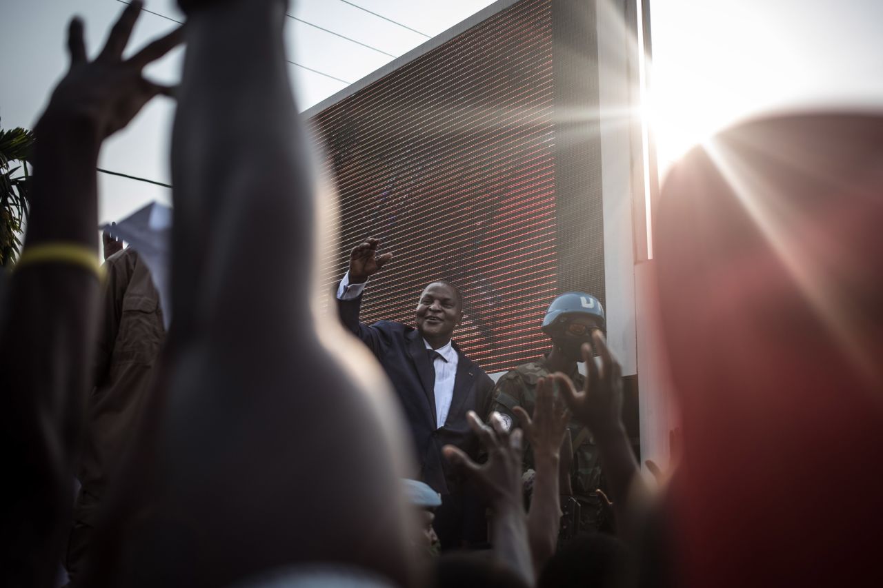 Faustin-Archange Touadera, the President of the Central African Republic, greets supporters in front of his party's headquarters after <a href="https://www.cnn.com/2021/01/05/africa/car-election-touadera-win-intl/index.html" target="_blank">his re-election</a> was validated by the Constitutional Court on Monday, January 18.