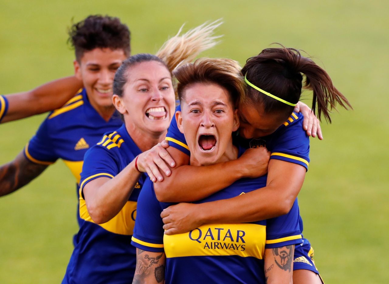 Yamila Rodriguez is mobbed by her Boca Juniors teammates after scoring a goal against River Plate on Tuesday, January 19. It was the final of Argentina's first-ever professional tournament for women's soccer. Boca won 7-0.