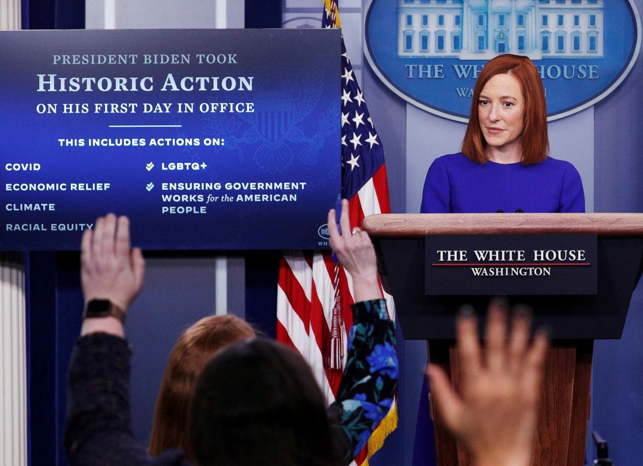 White House press secretary Jen Psaki takes questions from journalists after Biden's inauguration. Psaki confirmed that she would hold daily briefings. She told the reporters in the room that she would butt heads with them sometimes but that "we have a common goal, which is sharing accurate information with the American people."
