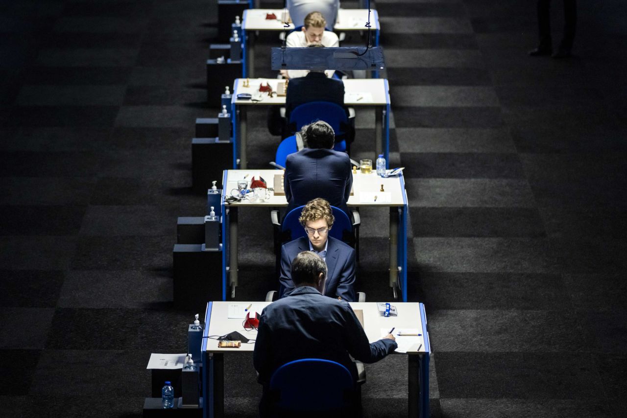 Chess players compete in an international tournament in Wijk aan Zee, Netherlands, on Saturday, January 16. Because of the coronavirus pandemic, there was no audience.