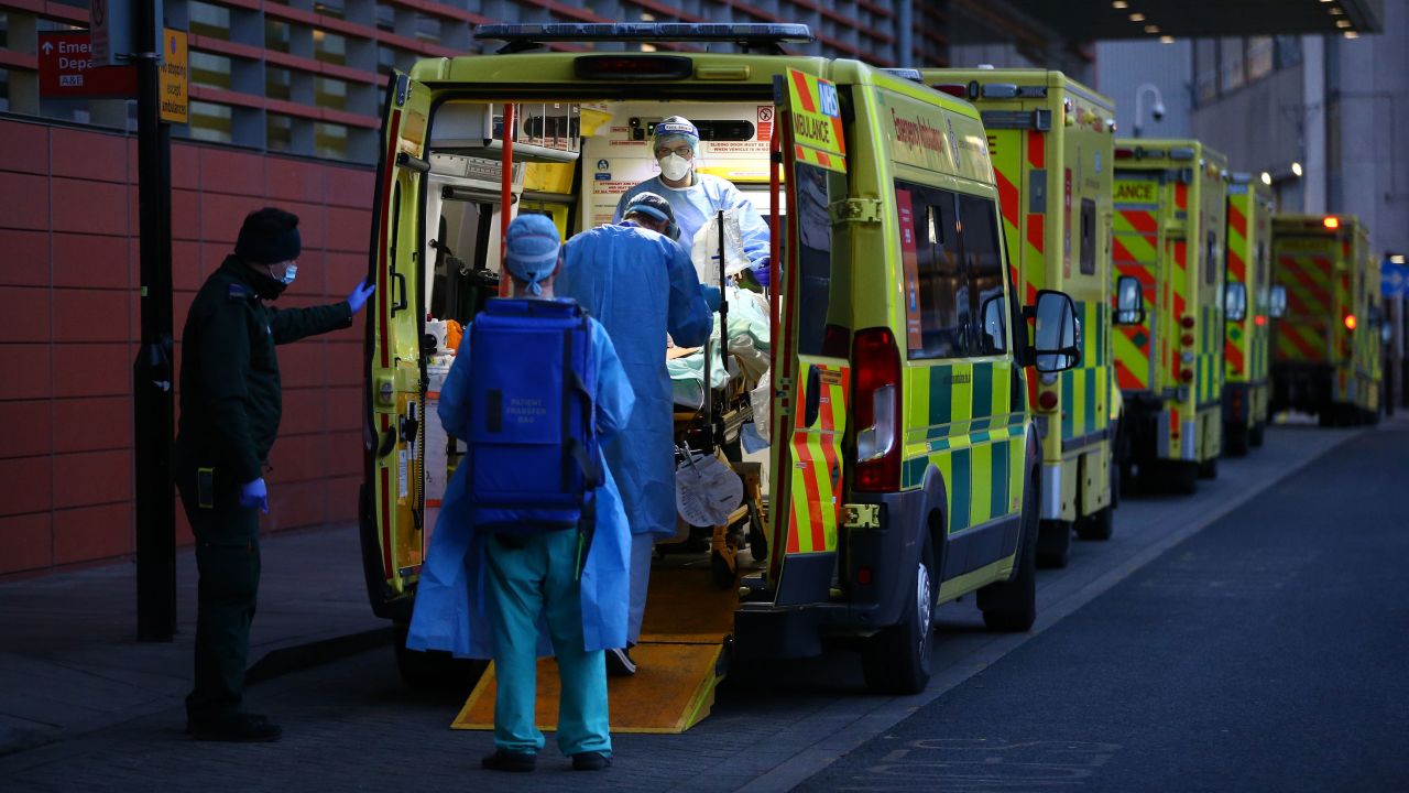 A row of ambulances in London in January. Health staff fear similar scenes this winter if infections continue to climb.