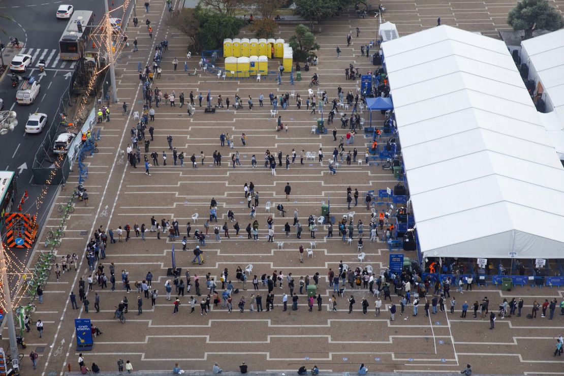 People queue outside a Covid-19 mass vaccination center at Rabin Square in this aerial photograph taken in Tel Aviv on January 4, 2020.